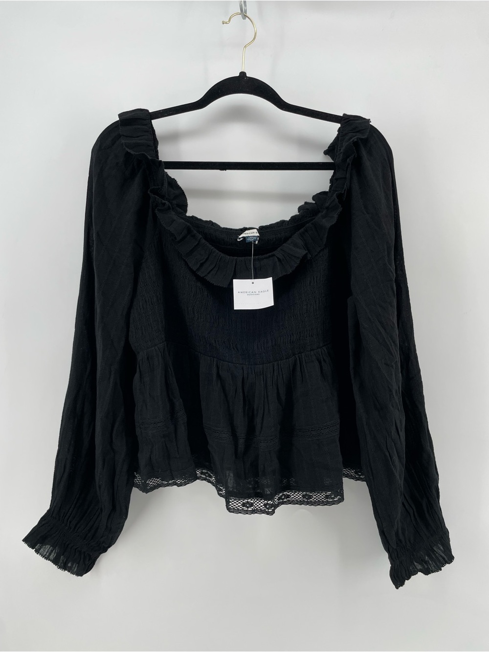 NEW AEO American Eagle Black Ruffle-Neck Smocked Peasant Blouse XXL